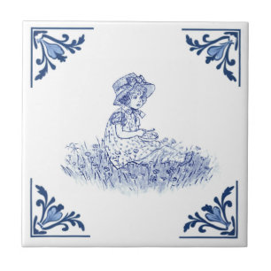 Vintage Picnic Girl Eating Delft Blue & White Fliese