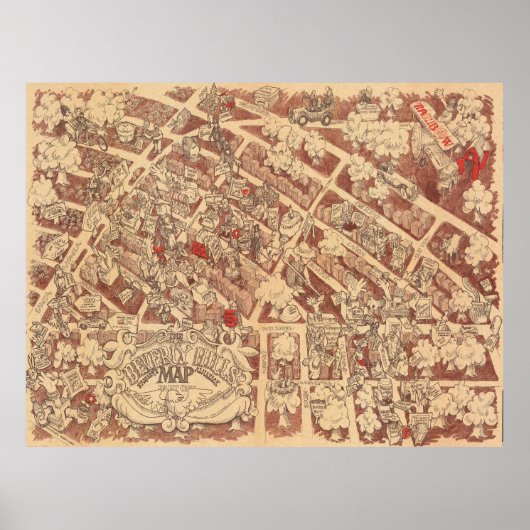 Vintage Pictorial Beverly Hills Map Poster 1974 (Vorne)