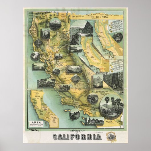 Vintage Pictorial California Map Poster 1888 (Vorne)