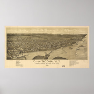 Vintage Pictorial Map of Tacoma Washington (1885) Poster