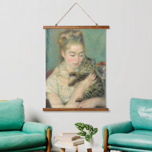 Vintage Pierre Auguste Renoir Frau mit einer Katze Wandteppich Mit Holzrahmen