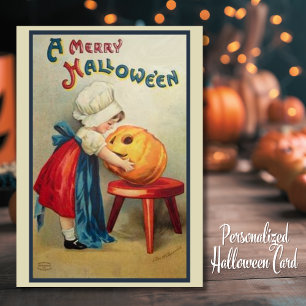 Vintage Pilger Mädchen mit Kürbis Custom Halloween Feiertagskarte