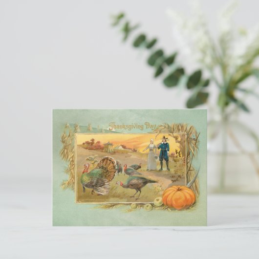 Vintage Pilger und Truthühner Postkarte (Stehend Vorderseite)