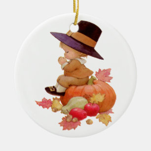 Vintage Pilgerjunge betet auf Kürbis Keramik Ornament