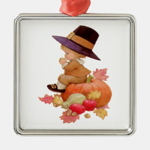 Vintage Pilgerjunge betet auf Kürbis Silbernes Ornament