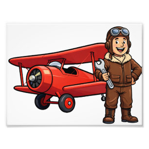 Vintage-Pilot mit roter Doppeldecker-Cartoon-Kunst Fotodruck