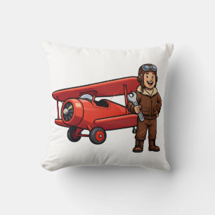 Vintage-Pilot mit roter Doppeldecker-Cartoon-Kunst Kissen