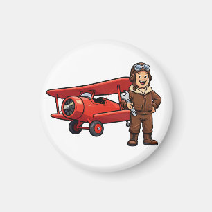Vintage-Pilot mit roter Doppeldecker-Cartoon-Kunst Magnet