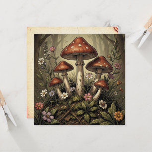 Vintage-Pilz-Rotkappen- und Wildblumen-Kunst