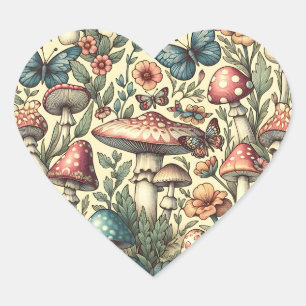 Vintage Pilze, Blume, Schmetterlinge Herz-Aufkleber