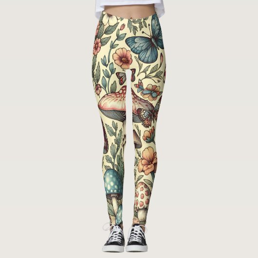 Vintage Pilze, Blume, Schmetterlinge Leggings (Vorderseite)