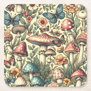 Vintage-Pilze, Blumen, Schmetterlinge Whimsical Rechteckiger Pappuntersetzer