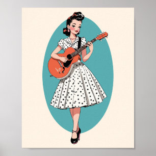 Vintage Pin-Up Mädchen spielt akustische Gitarre P Poster