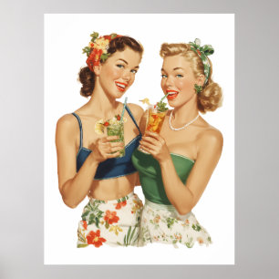 Vintage Pin-Up Sommer Cocktail Freundinnen Poster