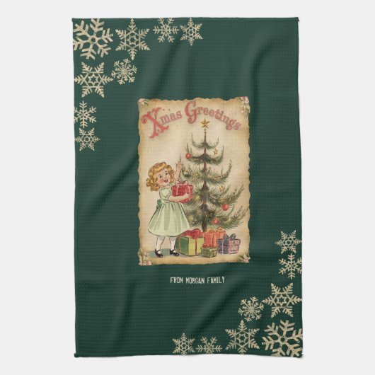 Vintage Pine Tree Little Girls präsentiert Schneef Geschirrtuch (Vertikal)