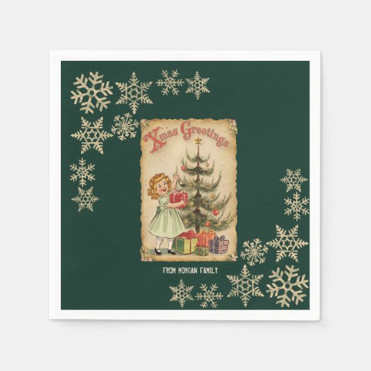Vintage Pine Tree Little Girls präsentiert Schneef Serviette (Vorderseite)