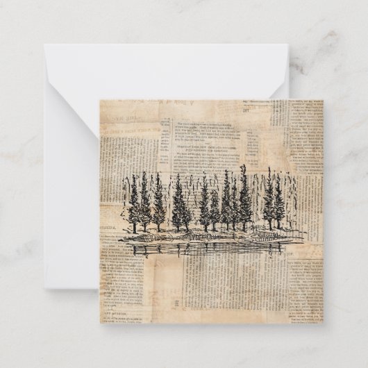 Vintage Pine Trees Nature Scene Newsprint Art Mitteilungskarte (Vorderseite)