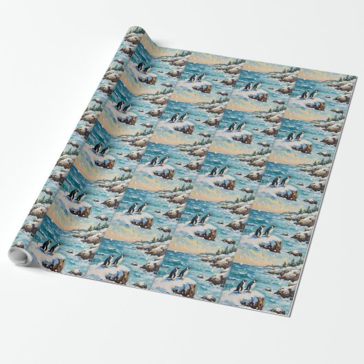 Vintage-Pinguine auf schneebedeckter Weihnachtskli Geschenkpapier (Ungerollt)