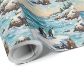 Vintage-Pinguine auf schneebedeckter Weihnachtskli Geschenkpapier (Rolleneckpunkt)