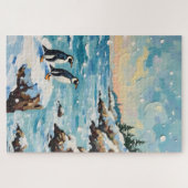 Vintage-Pinguine auf schneebedeckter Weihnachtskli Puzzle (Horizontal)