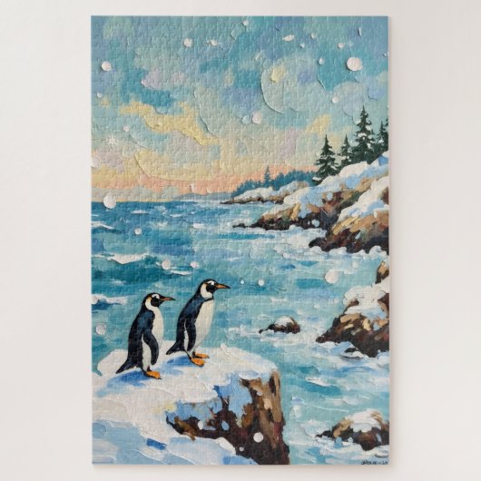 Vintage-Pinguine auf schneebedeckter Weihnachtskli Puzzle (Vertikal)