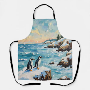 Vintage-Pinguine auf schneebedeckter Weihnachtskli Schürze