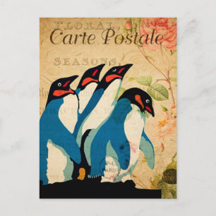 Vintage Pinguine Floral Blume Französisch Postkarte