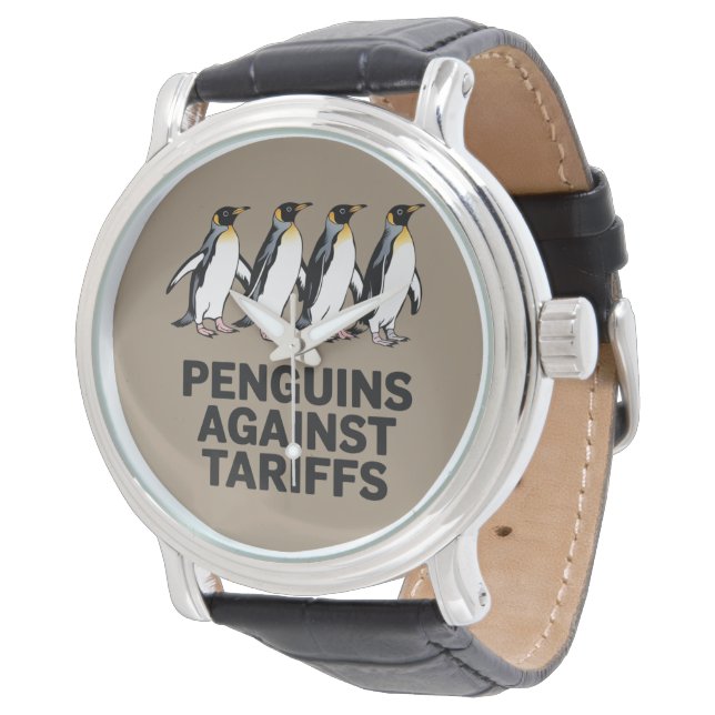 Vintage Pinguine protestieren gegen Zölle Armbanduhr (Schrägansicht)