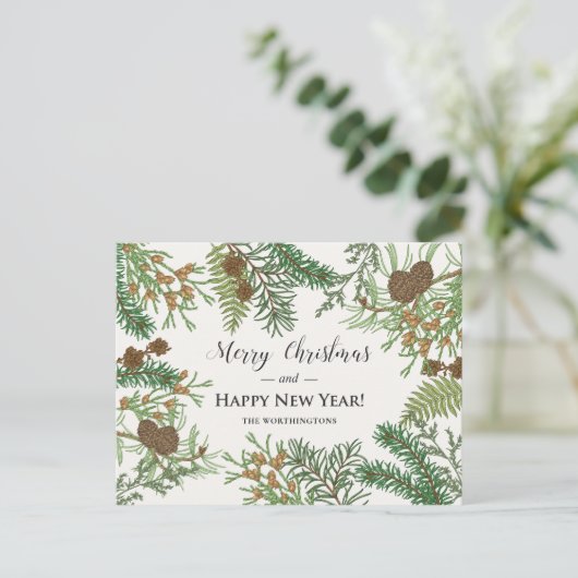 Vintage Pinien Feiertagspostkarte (Stehend Vorderseite)