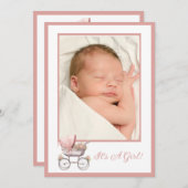 Vintage Pink Baby Carriage Birth Ankündigung (Vorne/Hinten)