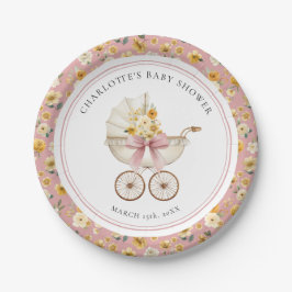 Vintage Pink Baby Carriage Floral Baby Shower Pappteller