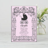 Vintage Pink & Black Carriage Deko Kinderdusche in Einladung (Stehend Vorderseite)