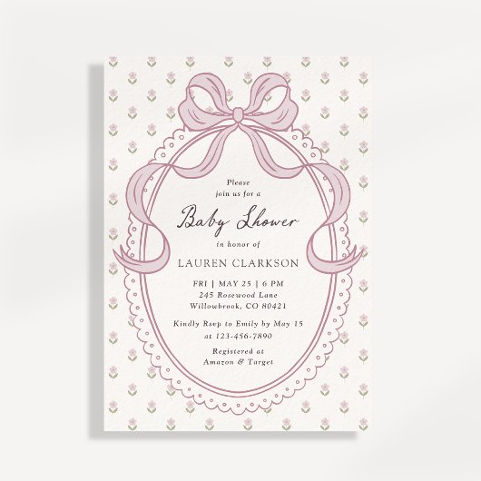 Vintage Pink Bow Frame Baby Shower Invitation Einladung