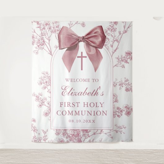 Vintage Pink Bow Holy Communion Photo Backdrop Wandteppich (Vorderseite)