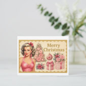 Vintage Pink Christmas Tree Postcard Postkarte (Stehend Vorderseite)
