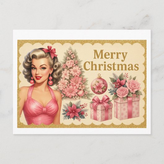 Vintage Pink Christmas Tree Postcard Postkarte (Vorderseite)