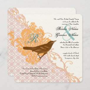 Vintage Pink Coral Mint Love Bird Damask Hochzeit Einladung