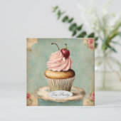Vintage Pink Cupcake Geburtstagsparty Einladung (Stehend Vorderseite)