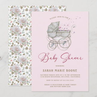 Vintage Pink Floral Baby Carriage Girl Babydusche Einladung