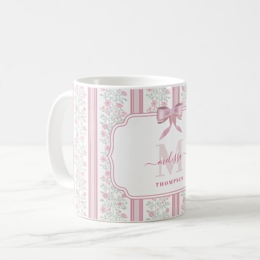 Vintage Pink Floral Coquette Bow Monogram Kaffeetasse (Vorderseite Links)