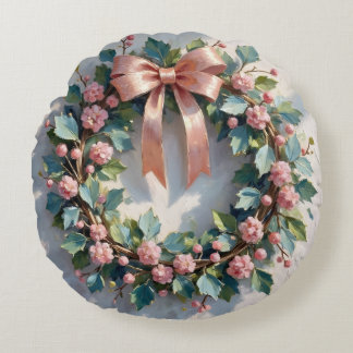 Vintage Pink Floral Wreath Rundes Kissen