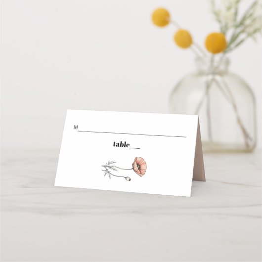 Vintage Pink-Mohnblumen-Wildblumen Blumenhochzeit Platzkarte (Vorderseite)