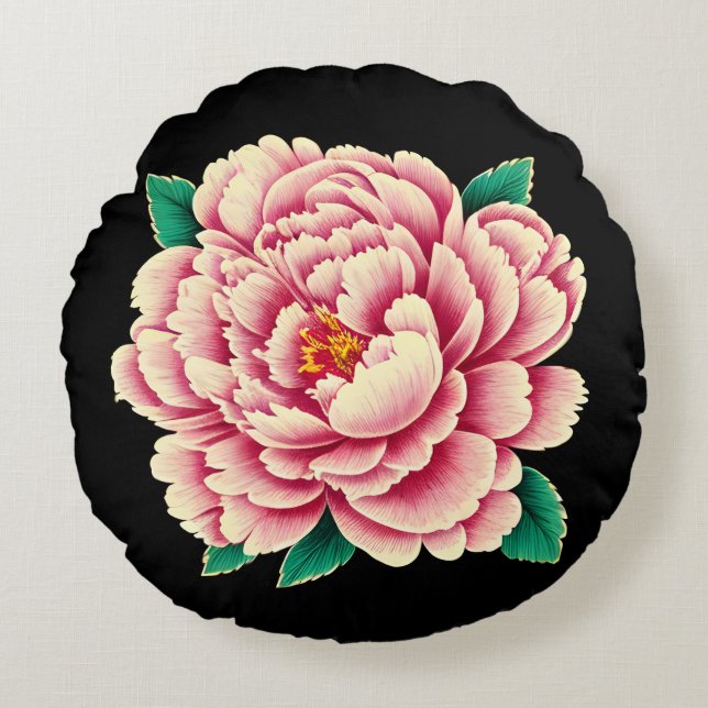 Vintage Pink Peony Blume Rundes Kissen (Vorderseite)