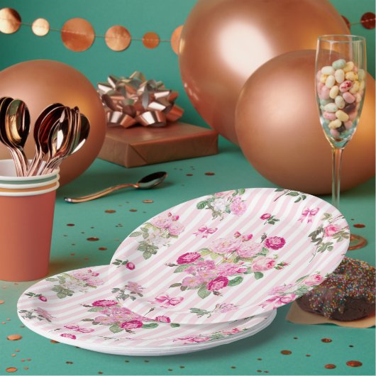 Vintage Pink Roses Coquette Bow Stripes Pappteller (Multi)