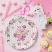 Vintage Pink Roses Coquette Bow Stripes Pappteller (Party)