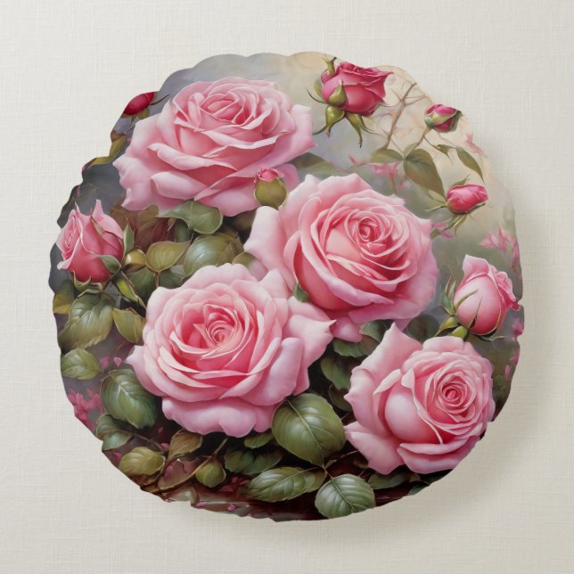 Vintage Pink Roses Rundes Kissen (Vorderseite)