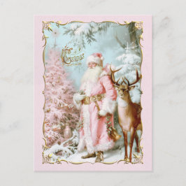 Vintage pink Santa Claus deer tree Christmas card Feiertagspostkarte