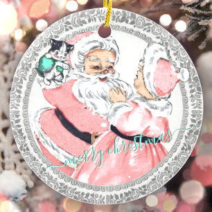 Vintage Pink Santa + Mrs Claus Victorian Christmas Keramik Ornament