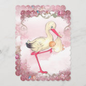 Vintage Pink Stork Baby Dusche Einladung (Vorne/Hinten)