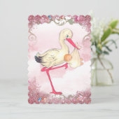 Vintage Pink Stork Baby Dusche Einladung (Stehend Vorderseite)